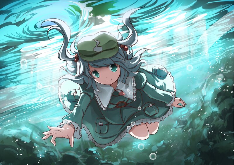 Anime Girl Underwater — Blue, Serene, Digital Art, Bubbles, Hat