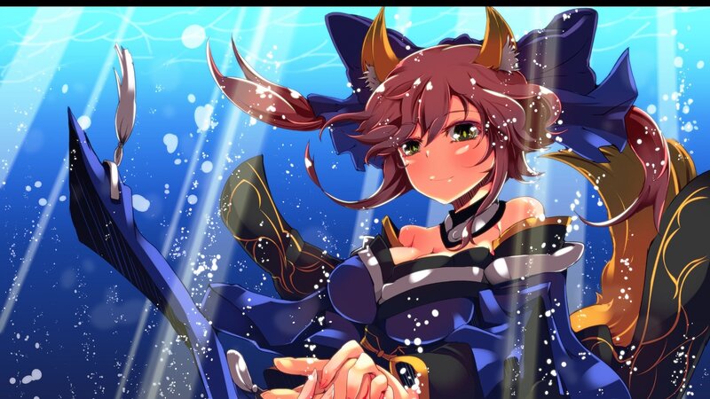 Anime Girl Underwater — Blue, Serene, Digital Art, Bubbles, Horned Hat