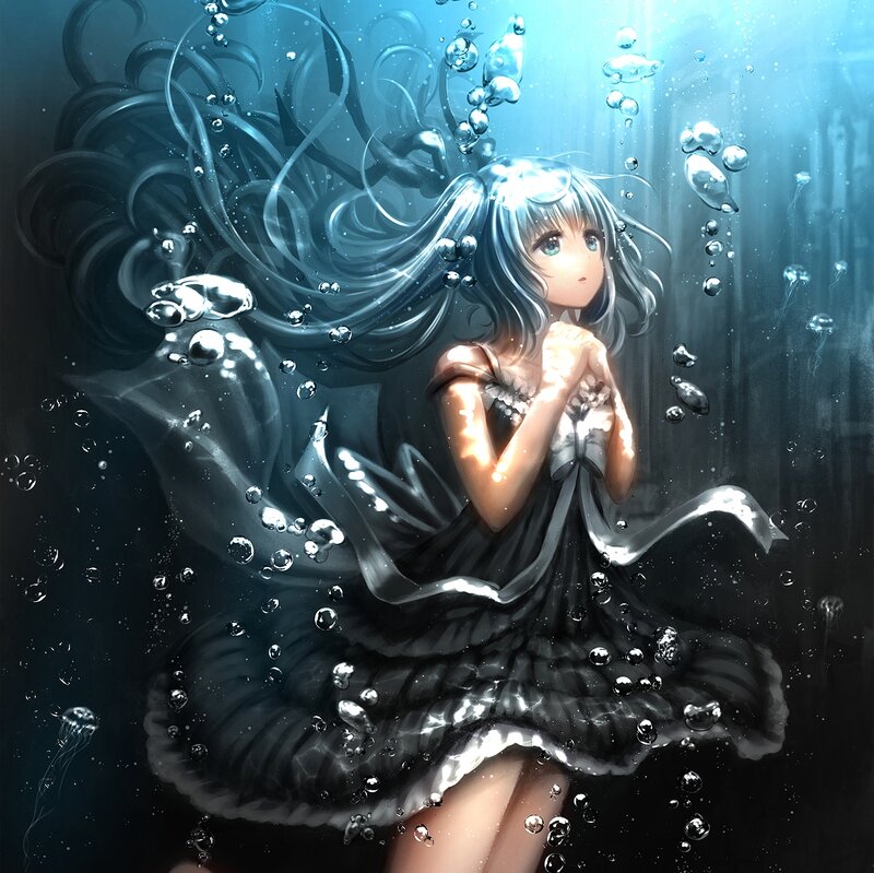 Anime Girl Underwater — Blue, Serene, Digital Art, Bubbles, Jellyfish