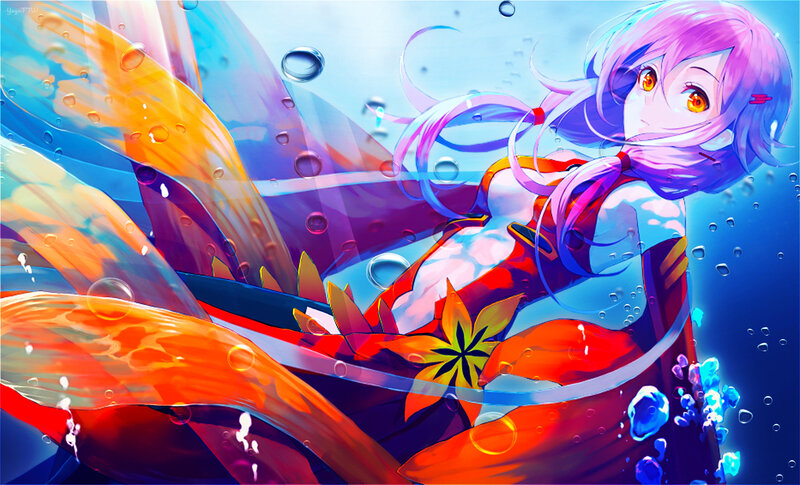 Anime Girl Underwater — Blue, Serene, Digital Art, Bubbles, Orange Flower