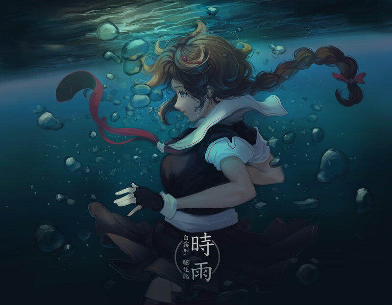 Anime Girl Underwater — Blue, Serene, Digital Art, Bubbles, Ribbon