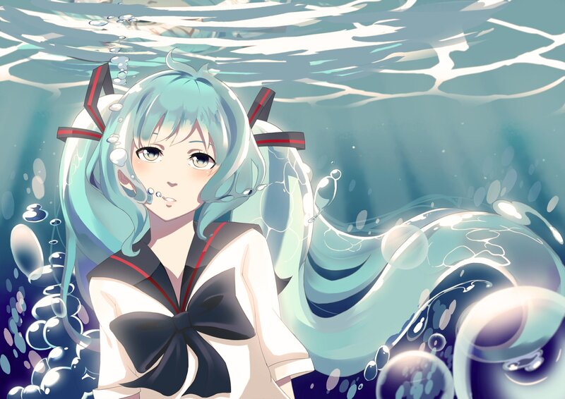 Anime Girl Underwater — Blue, Serene, Digital Art, Bubbles, Sailor Uniform
