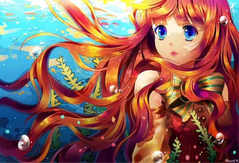 Anime Girl Underwater — Blue, Serene, Digital Art, Bubbles, Seaweed