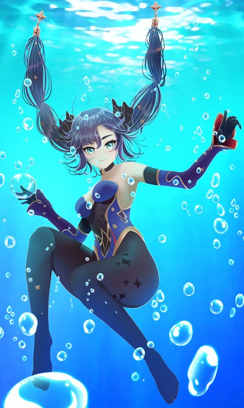 Anime Girl Underwater — Blue, Serene, Digital Art, Bubbles, Swimming