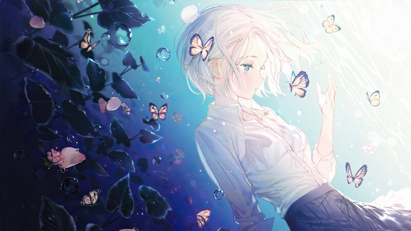 Anime Girl Underwater — Blue, Serene, Digital Art, Butterflies, Bubbles