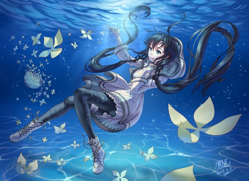 Anime Girl Underwater — Blue, Serene, Digital Art, Butterflies