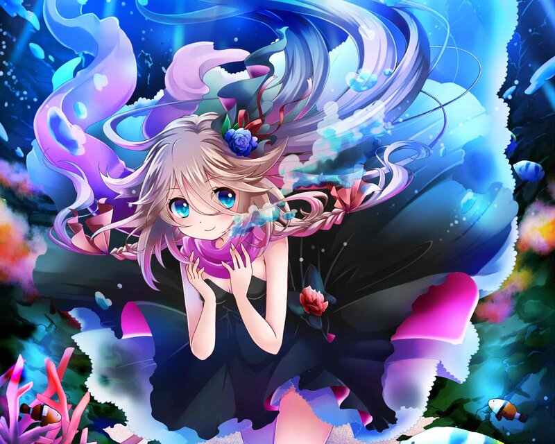 Anime Girl Underwater — Blue, Serene, Digital Art, Coral, Fish