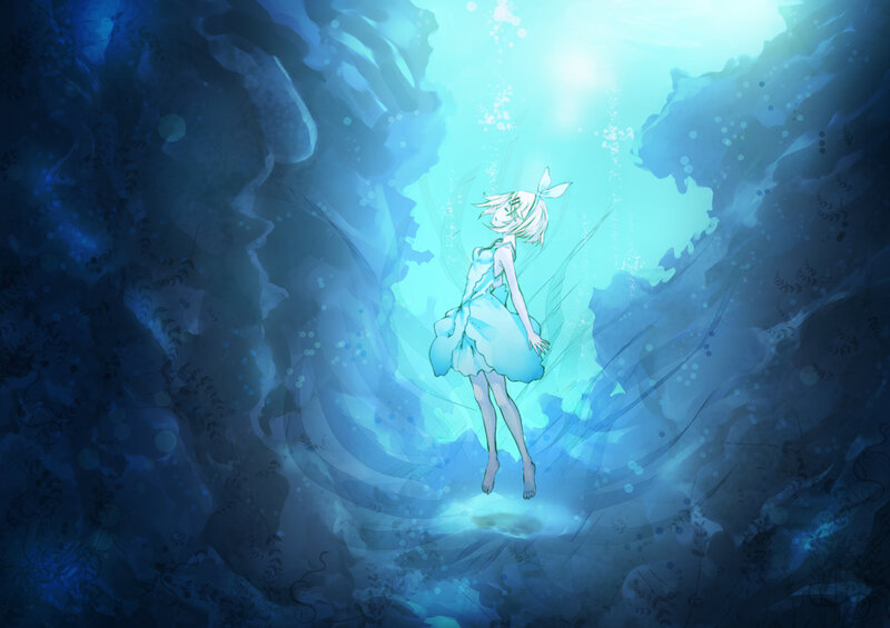 Anime Girl Underwater — Blue, Serene, Digital Art, Dress, Bubbles