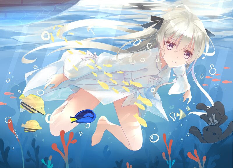 Anime Girl Underwater — Blue, Serene, Digital Art, Fish, Bubbles, Coral