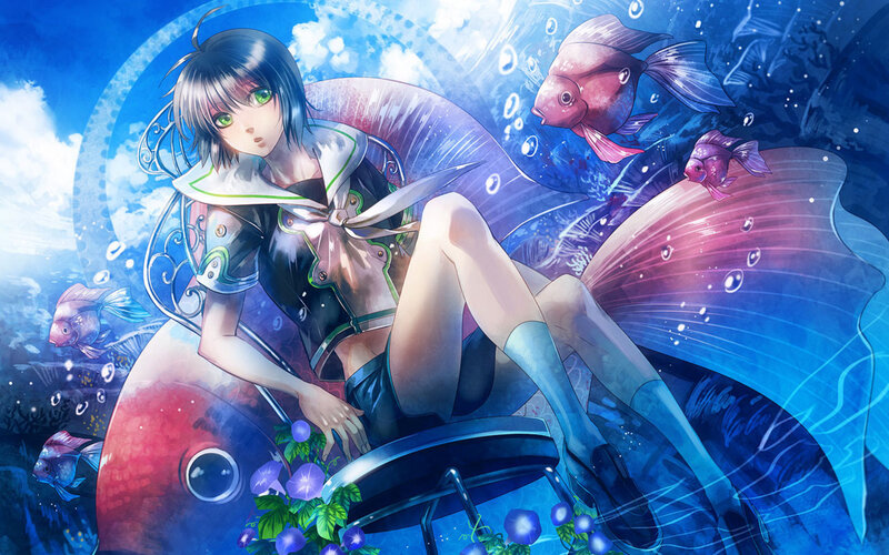 Anime Girl Underwater — Blue, Serene, Digital Art, Fish, Bubbles, Flowers