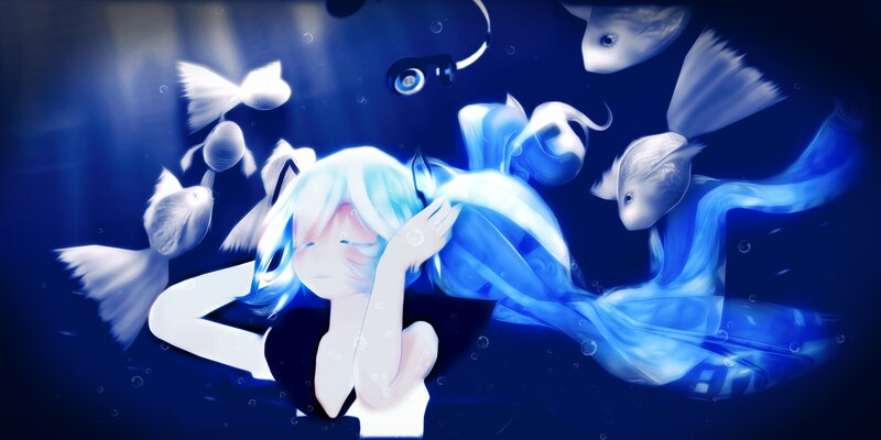 Anime Girl Underwater — Blue, Serene, Digital Art, Fish, Bubbles, Glasses