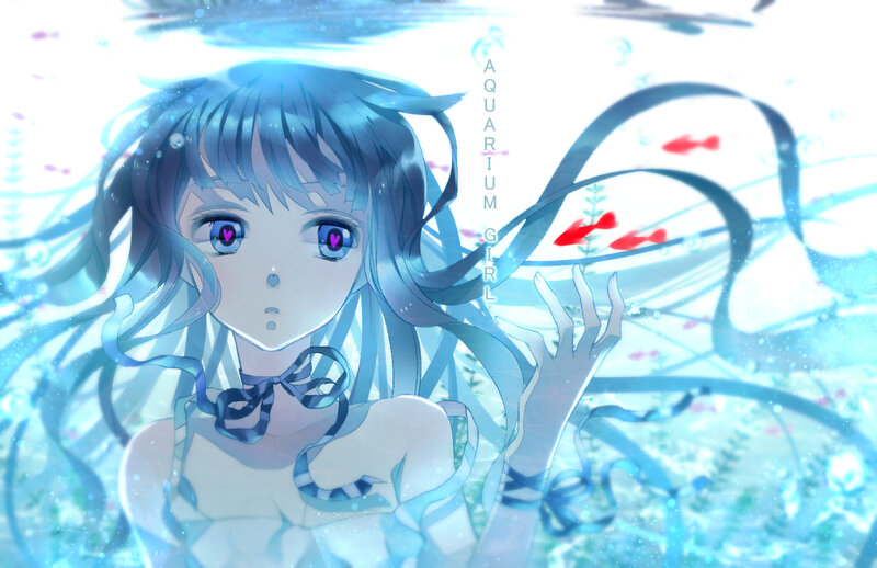 Anime Girl Underwater — Blue, Serene, Digital Art, Fish, Bubbles, Ribbon