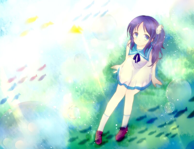 Anime Girl Underwater — Blue, Serene, Digital Art, Fish, Bubbles, School