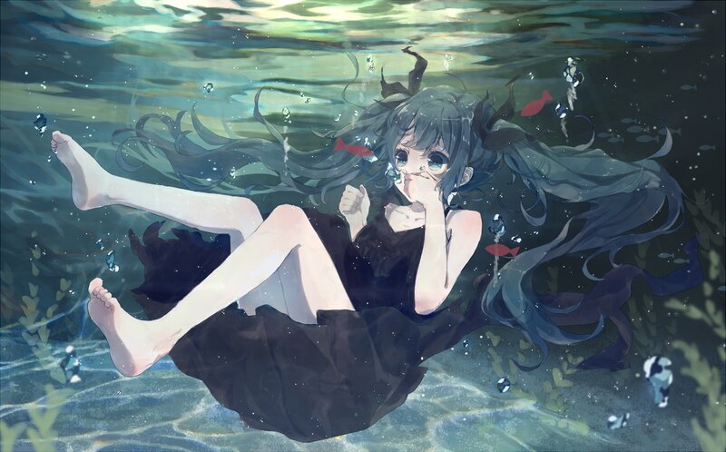 Anime Girl Underwater — Blue, Serene, Digital Art, Fish, Bubbles, Seaweed