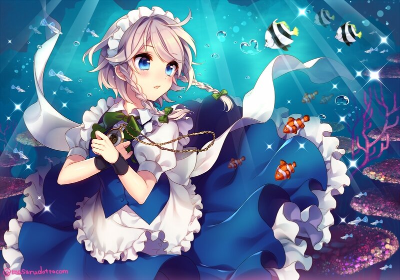 Anime Girl Underwater — Blue, Serene, Digital Art, Fish, Coral, Bubbles