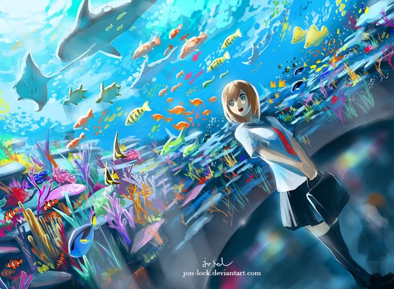 Anime Girl Underwater — Blue, Serene, Digital Art, Fish, Coral