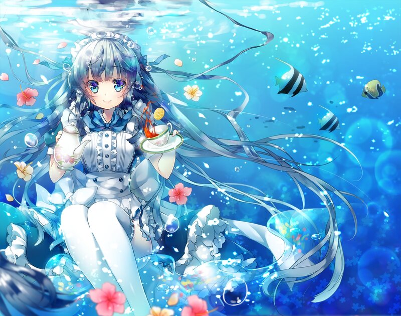 Anime Girl Underwater — Blue, Serene, Digital Art, Fish, Flowers, Bubbles