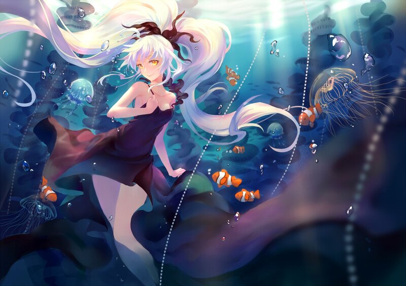 Anime Girl Underwater — Blue, Serene, Digital Art, Fish, Jellyfish