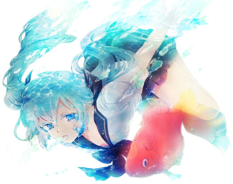 Anime Girl Underwater — Blue, Serene, Digital Art, Fish, Water