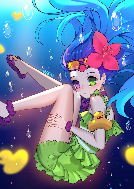 Anime Girl Underwater — Blue, Serene, Digital Art, Flower, Duck