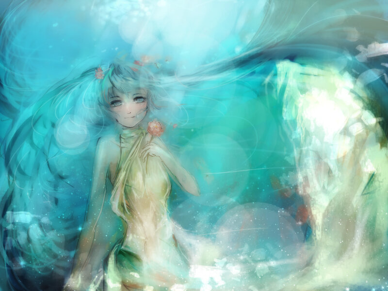 Anime Girl Underwater — Blue, Serene, Digital Art, Flower