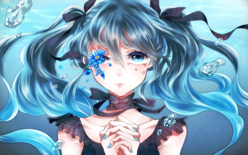 Anime Girl Underwater — Blue, Serene, Digital Art, Flowers, Bubbles, Bows