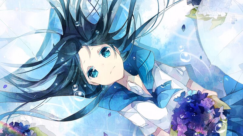 Anime Girl Underwater — Blue, Serene, Digital Art, Flowers, Bubbles, Hair