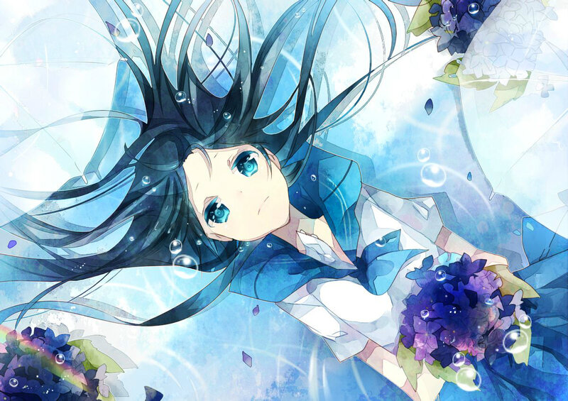 Anime Girl Underwater — Blue, Serene, Digital Art, Flowers, Bubbles