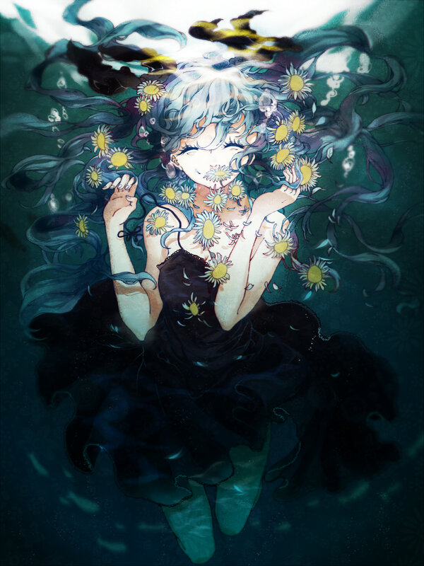 Anime Girl Underwater — Blue, Serene, Digital Art, Flowers, Dress