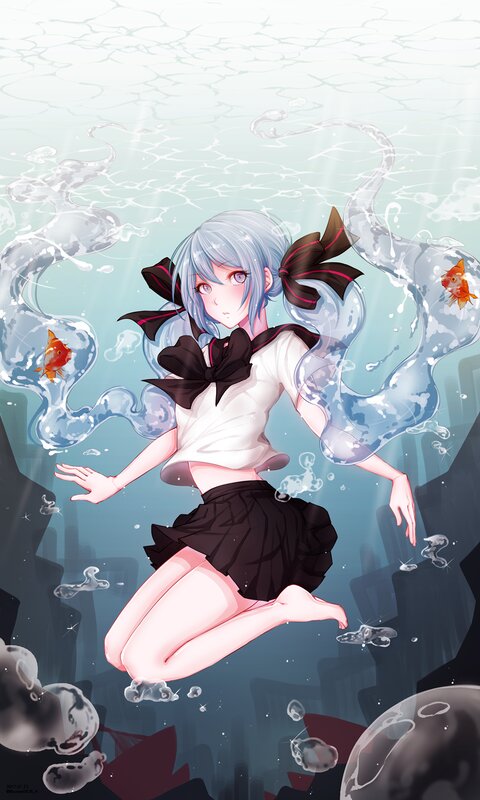 Anime Girl Underwater — Blue, Serene, Digital Art, Goldfish, Bubbles, School Uniform