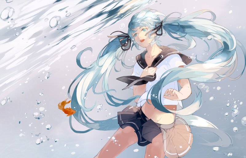Anime Girl Underwater — Blue, Serene, Digital Art, Goldfish, Bubbles, School Uniform, White