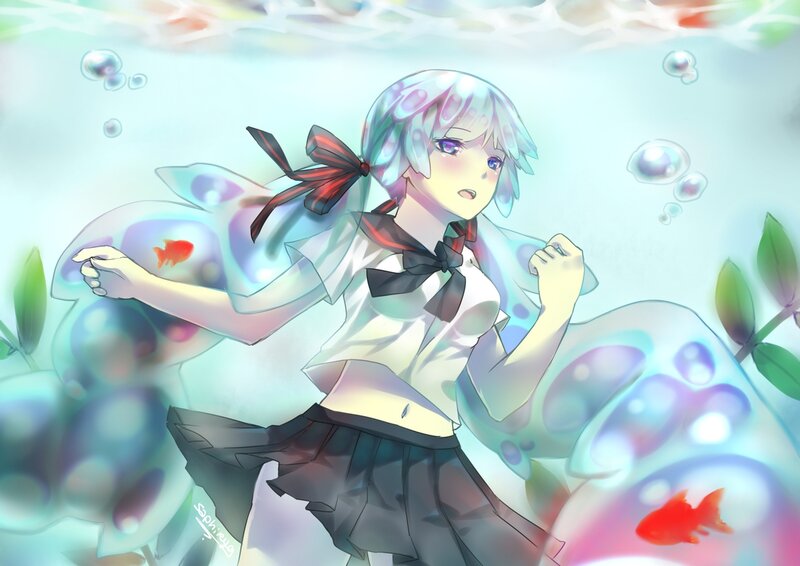Anime Girl Underwater — Blue, Serene, Digital Art, Goldfish, Bubbles