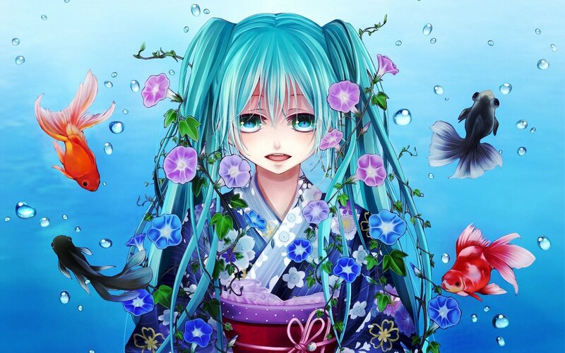 Anime Girl Underwater — Blue, Serene, Digital Art, Goldfish