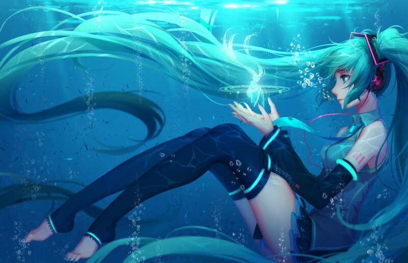 Anime Girl Underwater — Blue, Serene, Digital Art, Hair, Bubbles, Headphones