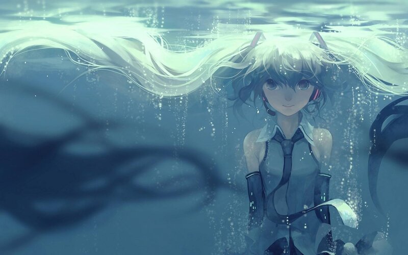 Anime Girl Underwater — Blue, Serene, Digital Art, Hair, Bubbles, Headset