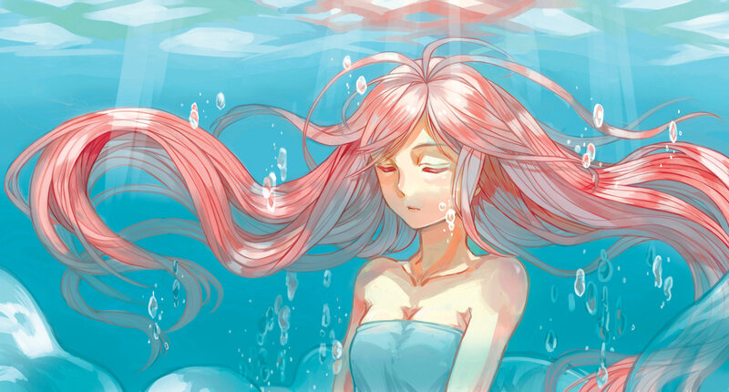 Anime Girl Underwater — Blue, Serene, Digital Art, Hair, Bubbles