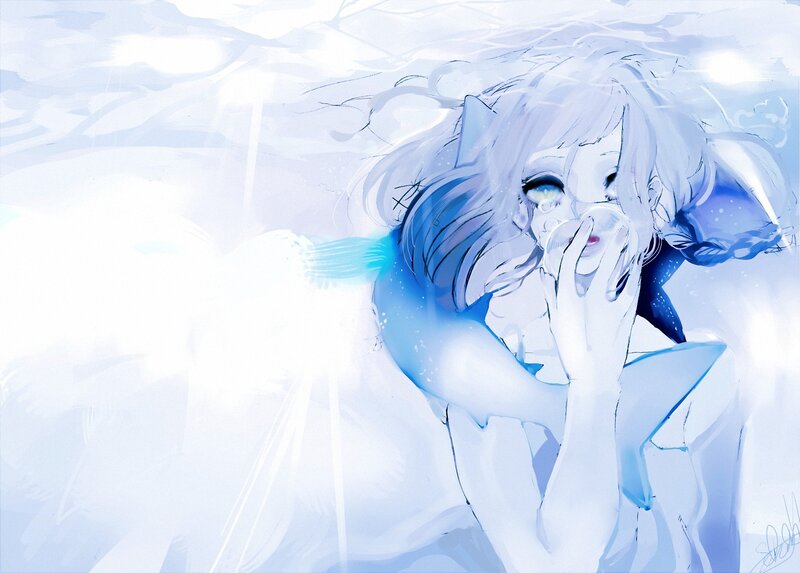 Anime Girl Underwater — Blue, Serene, Digital Art, Hair, Hands
