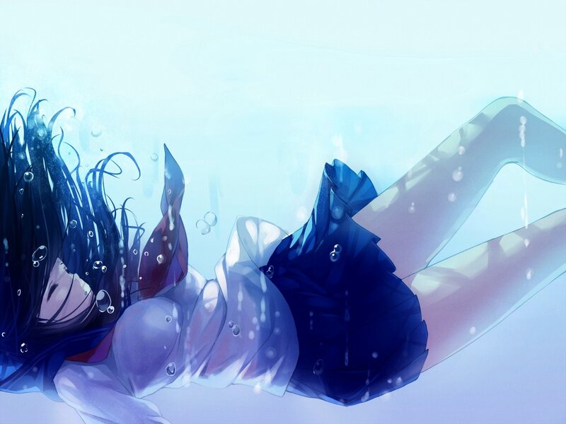 Anime Girl Underwater — Blue, Serene, Digital Art, Hair