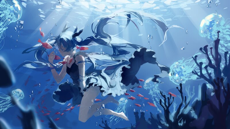 Anime Girl Underwater — Blue, Serene, Digital Art, Jellyfish, Coral