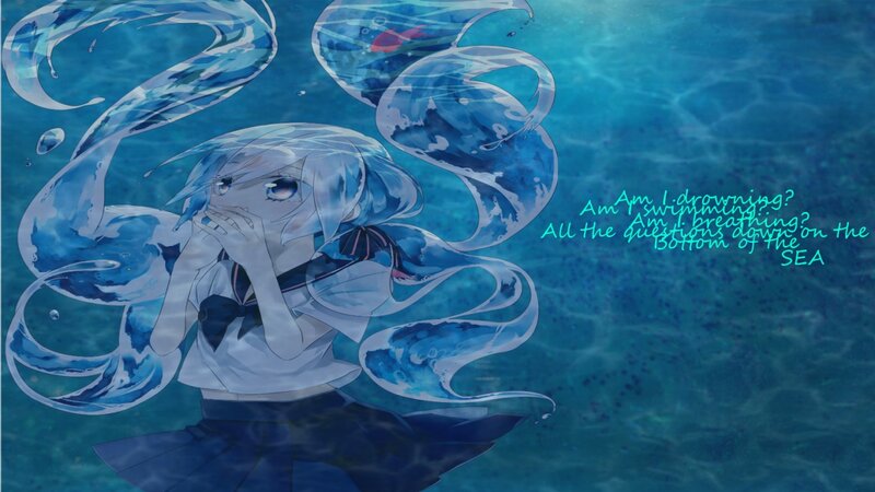Anime Girl Underwater — Blue, Serene, Digital Art, School Uniform, Bubbles