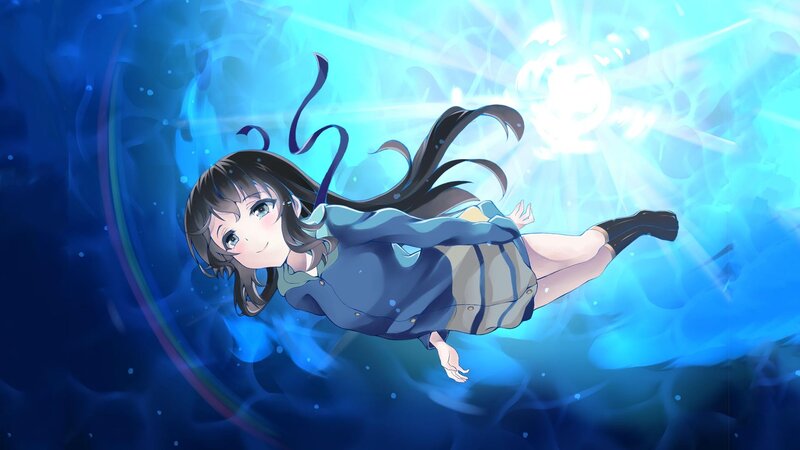 Anime Girl Underwater — Blue, Serene, Digital Art, School Uniform, Ribbon