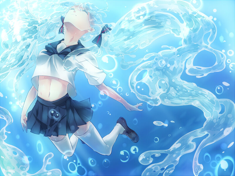Anime Girl Underwater — Blue, Serene, Digital Art, School Uniform