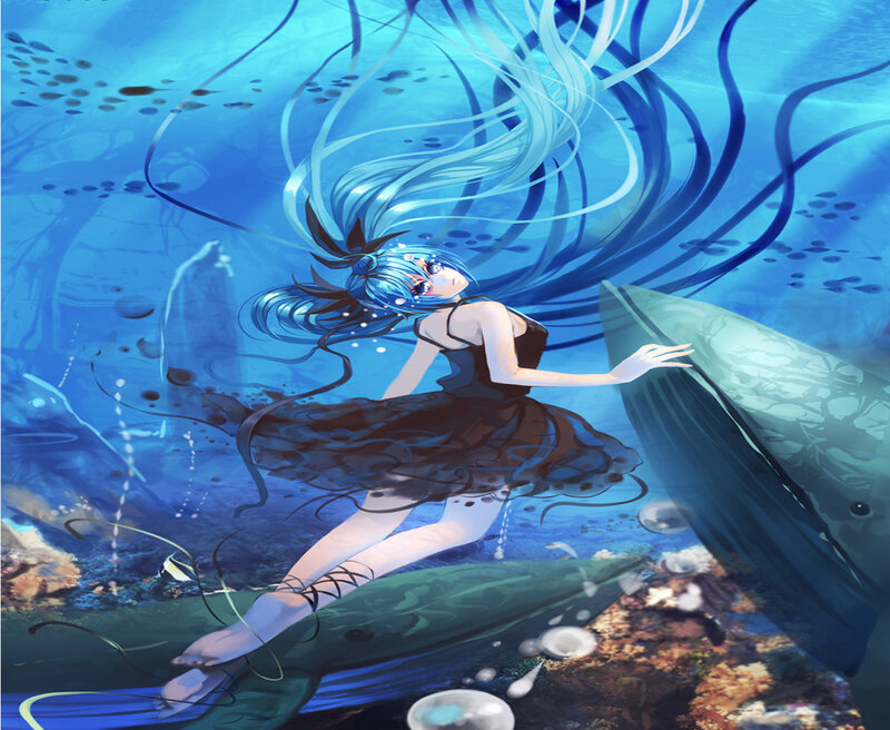 Anime Girl Underwater — Blue, Serene, Digital Art, Whale