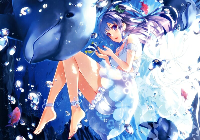 Anime Girl Underwater — Blue, Serene, Dolphin