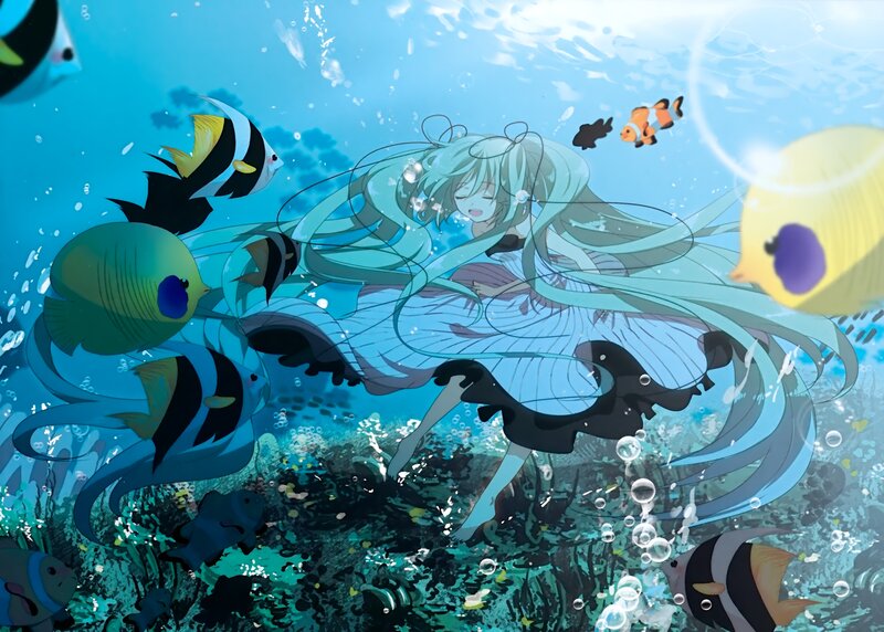 Anime Girl Underwater — Blue, Serene, Fish, Bubbles