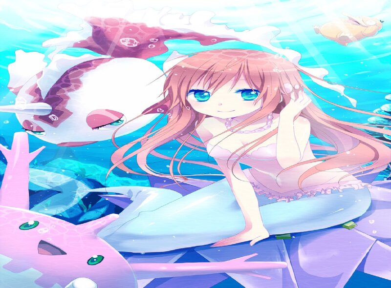 Anime Girl Underwater — Blue, Serene, Fish