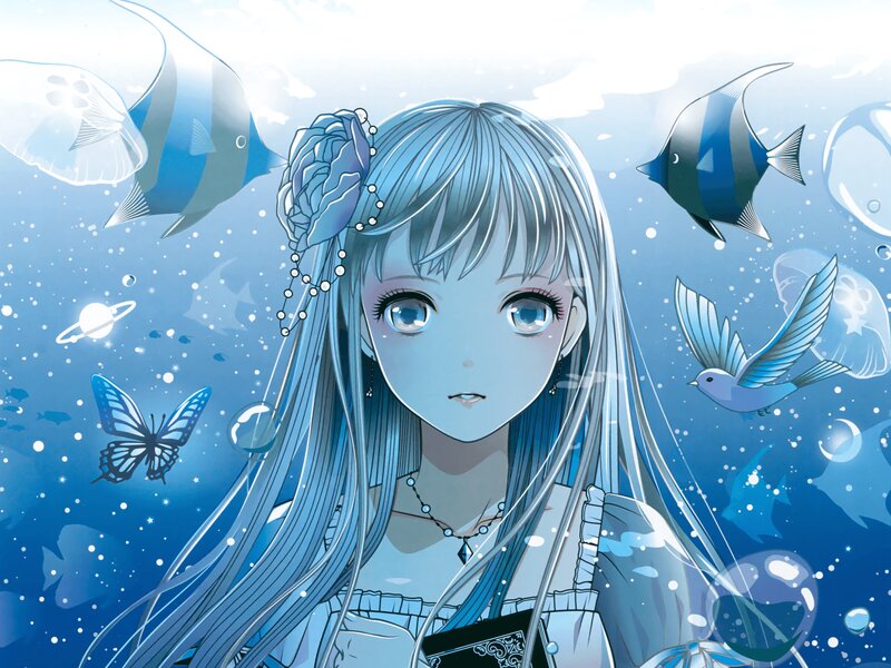 Anime Girl Underwater — Blue, Serene, Manga, Fish, Jellyfish