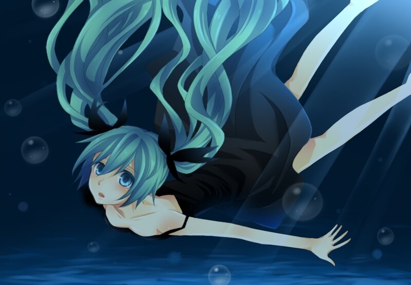 Anime Girl Underwater — Blue, Serene, Night, Digital Art, Bubbles, Long Hair