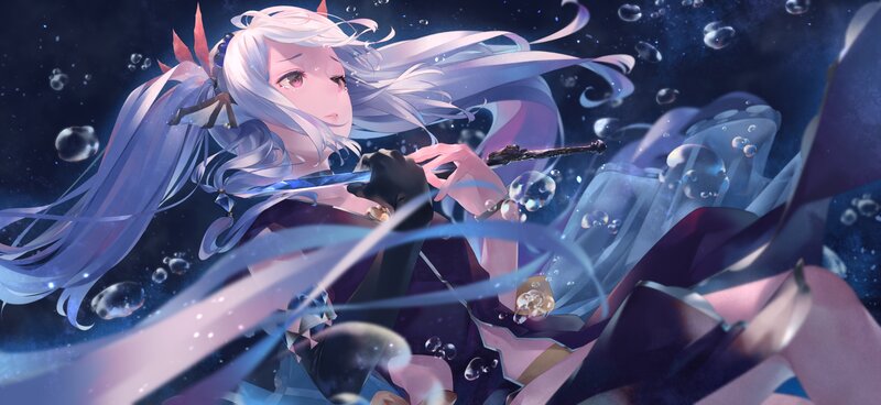 Anime Girl Underwater — Blue, Serene, Night, Digital Art, Bubbles, Sword