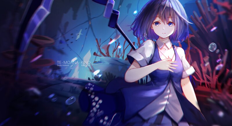 Anime Girl Underwater — Blue, Serene, Night, Digital Art, Coral
